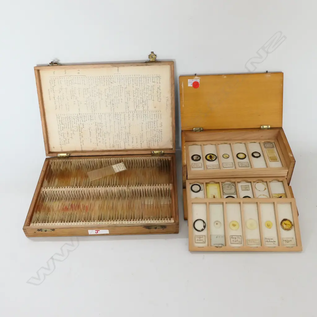 2 WOODEN BOXES OF MICROSCOPIC SLIDES Image 1++